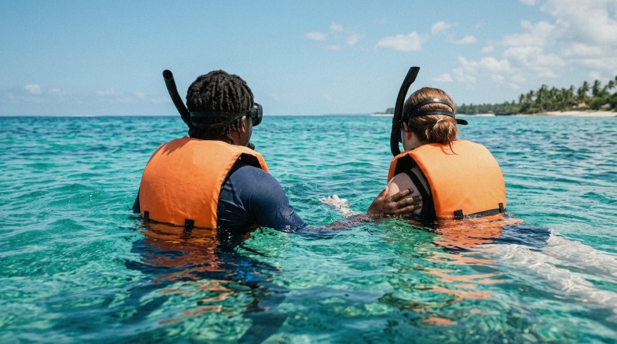 A first-time snorkeler adjusting a mask at the surface before a Zanzibar snorkeling for beginners boat trip to Mnemba Atoll