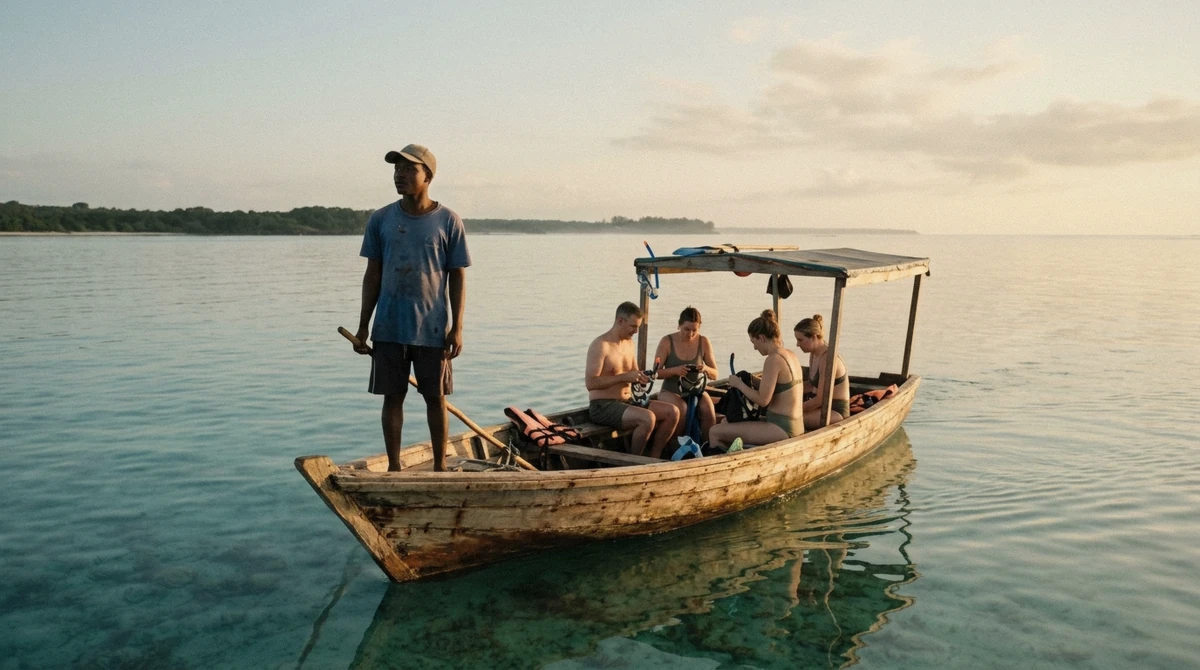 A dhow crossing flat, glassy water at sunrise during the best time to snorkel in Zanzibar, before the wind and the crowd build
