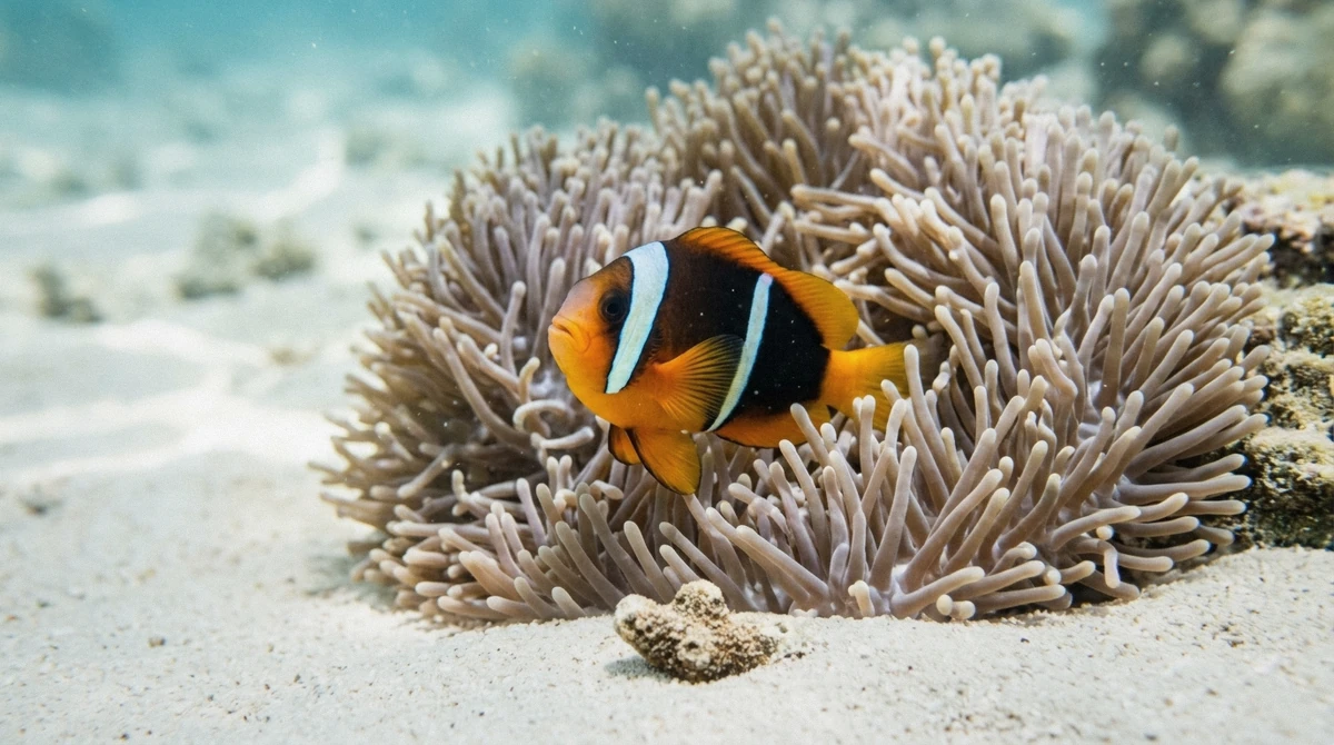 A skunk clownfish sheltering in an anemone on the shallow reef, one of the most reliable sightings when snorkeling in Zanzibar