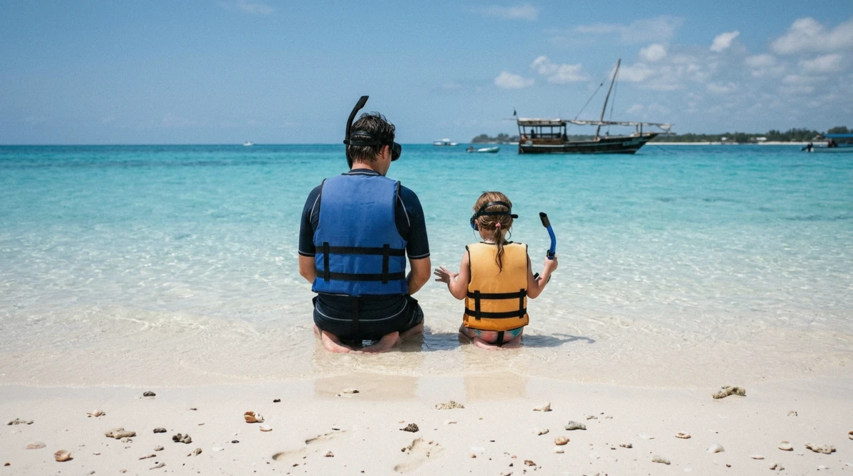 A child wading into the shallow warm water at a Zanzibar sandbank before snorkeling in Zanzibar with kids