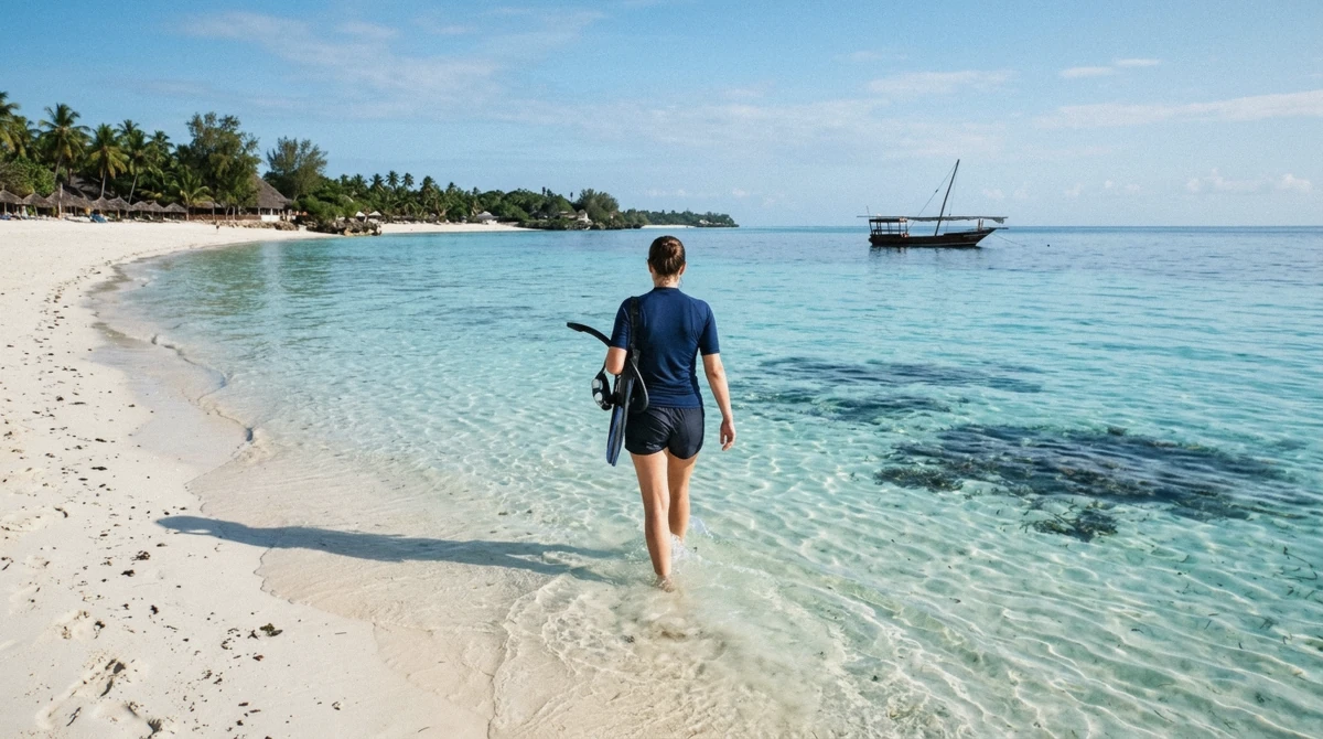 A snorkeler wading into the water directly from the beach while zanzibar snorkeling from beach at Nungwi